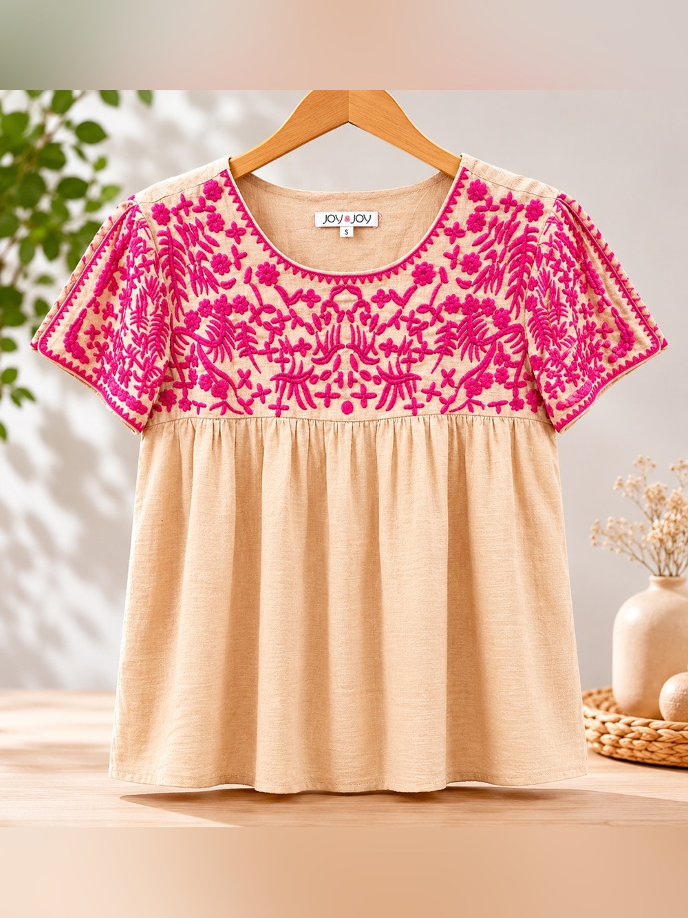 Joy Joy Embroidered Boho Peasant Top Pink Floral Stitching Size S